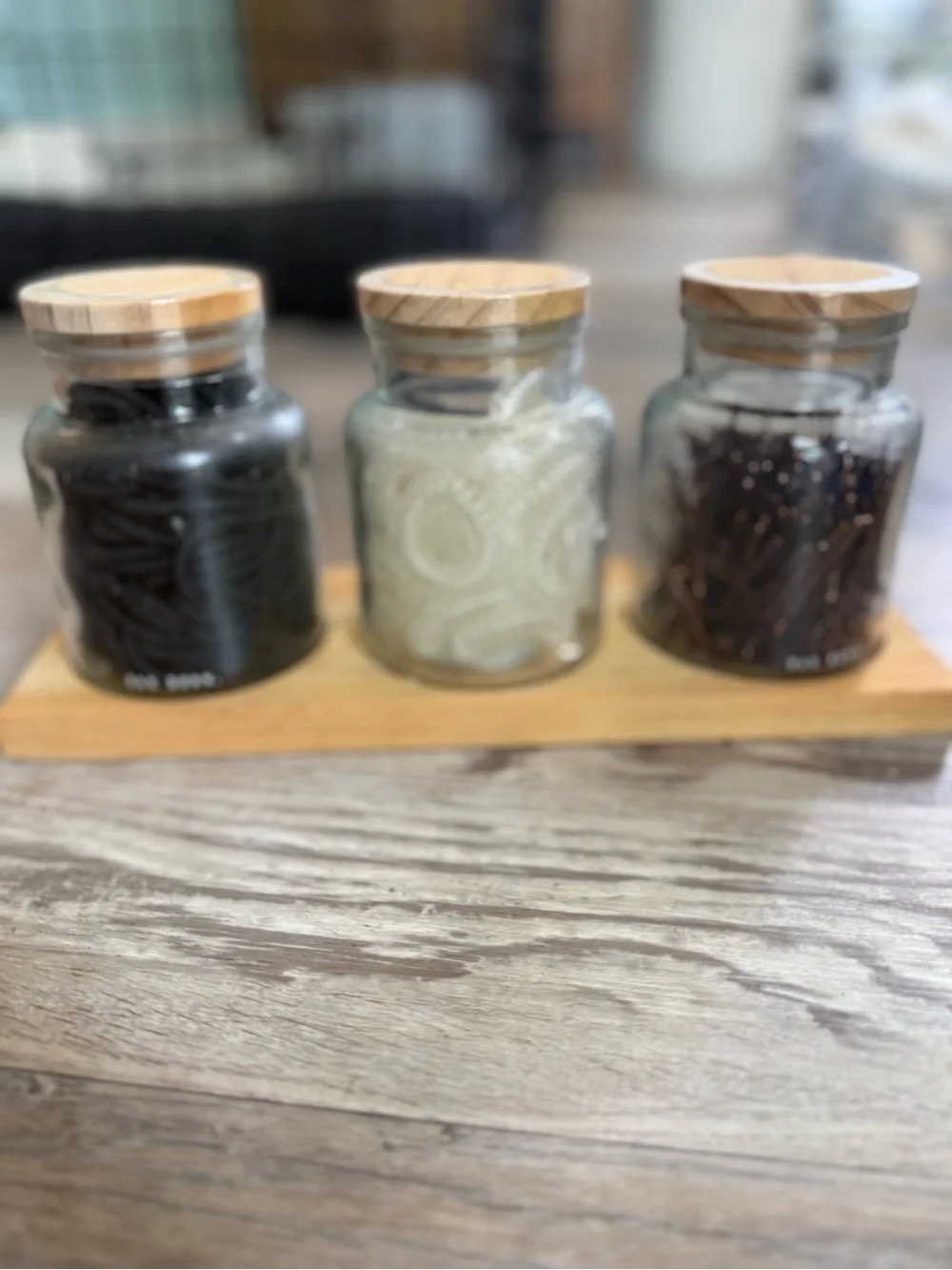 Rae Dunn Set Small Glass Jar w/Wood Lid with Bobby Pins Hair Ties & Bands NEW